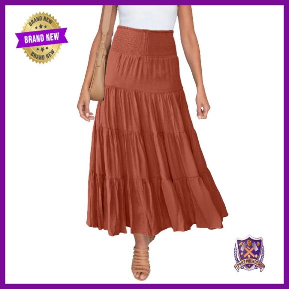 Rayon Maxi Skirt Smocked Waist Flowy Boho A-Line Midi Dress 2-in-1